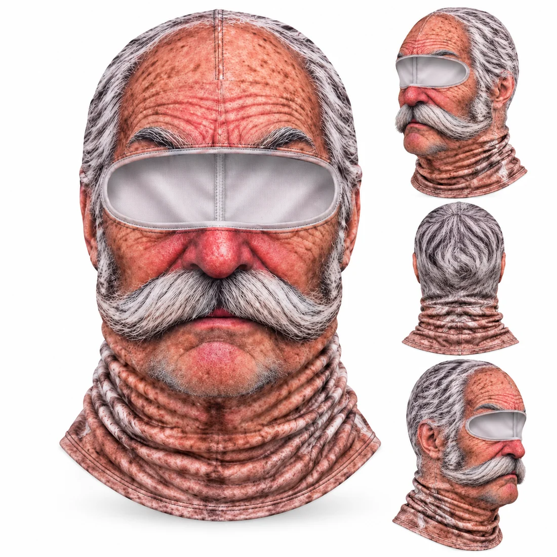 Grey-haired face-print mask with an oversized white moustache